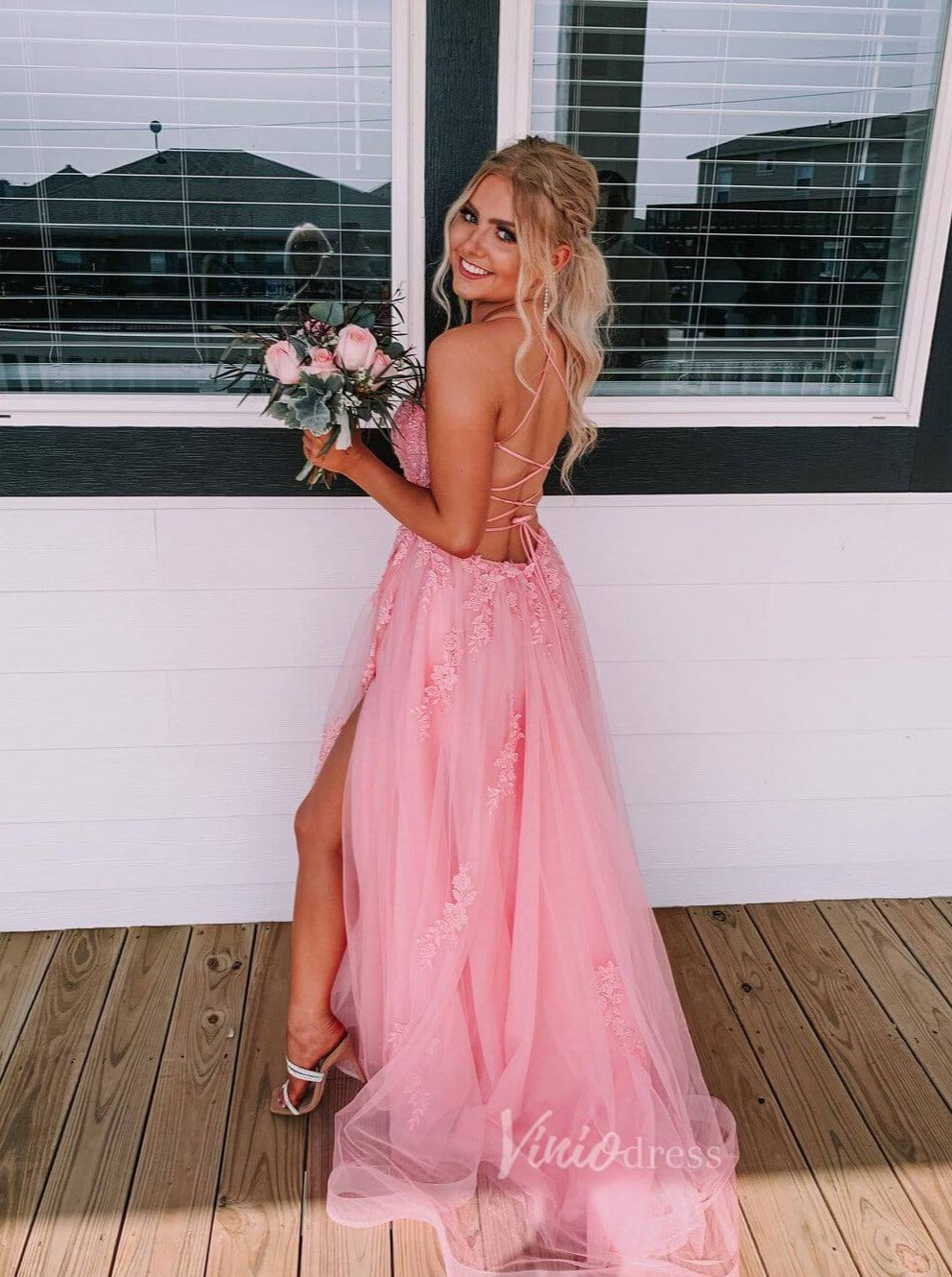 Pink Lace Appliqued Spaghetti Strap Long Prom Dress with Slit FD1739-prom dresses-Viniodress-Pink-Custom Size-Viniodress