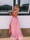 Pink Lace Appliqued Spaghetti Strap Long Prom Dress with Slit FD1739
