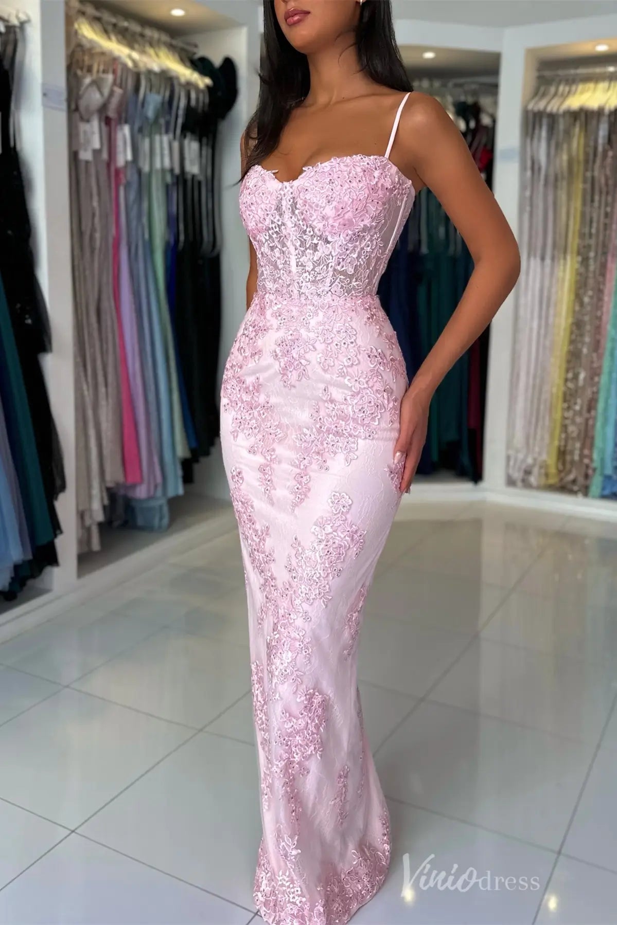 Pink Lace Mermaid Prom Dress with Spaghetti Strap, Sheer Corset Bodice – SS058-prom dresses 2025 -Viniodress-Pink-Custom Size-