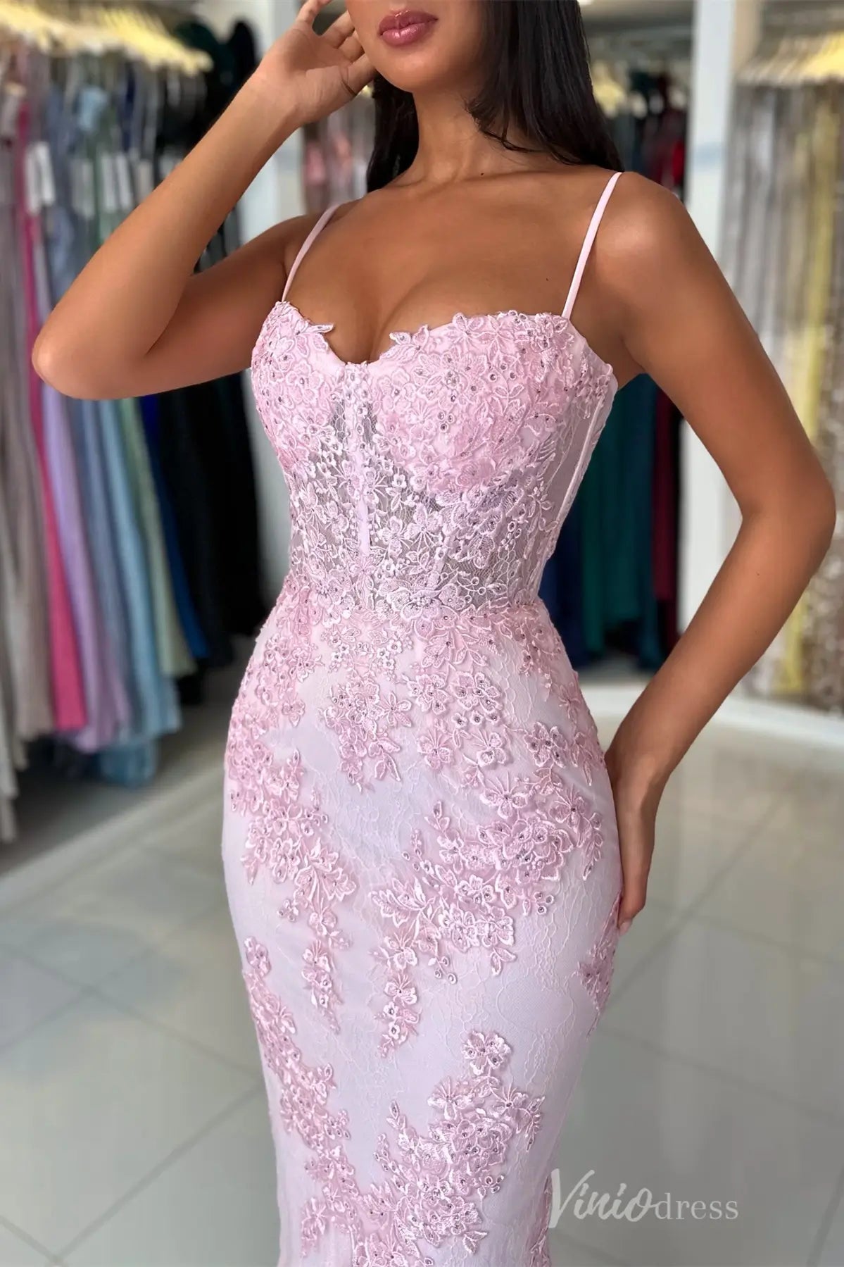 Pink Lace Mermaid Prom Dress with Spaghetti Strap, Sheer Corset Bodice – SS058-prom dresses 2025 -Viniodress-Pink-Custom Size-