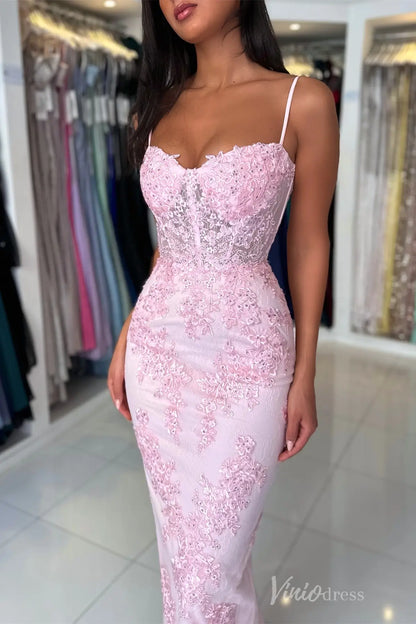 Pink Lace Mermaid Prom Dress with Spaghetti Strap, Sheer Corset Bodice – SS058-prom dresses 2025 -Viniodress-Pink-Custom Size-