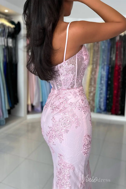 Pink Lace Mermaid Prom Dress with Spaghetti Strap, Sheer Corset Bodice – SS058-prom dresses 2025 -Viniodress-Pink-Custom Size-