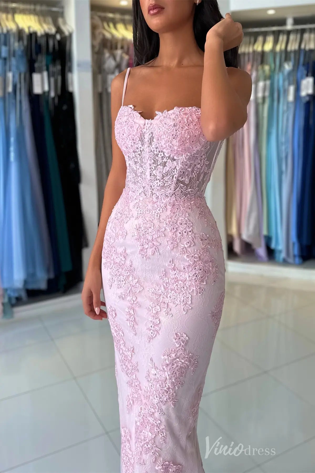 Pink Lace Mermaid Prom Dress with Spaghetti Strap, Sheer Corset Bodice – SS058-prom dresses 2025 -Viniodress-Pink-Custom Size-