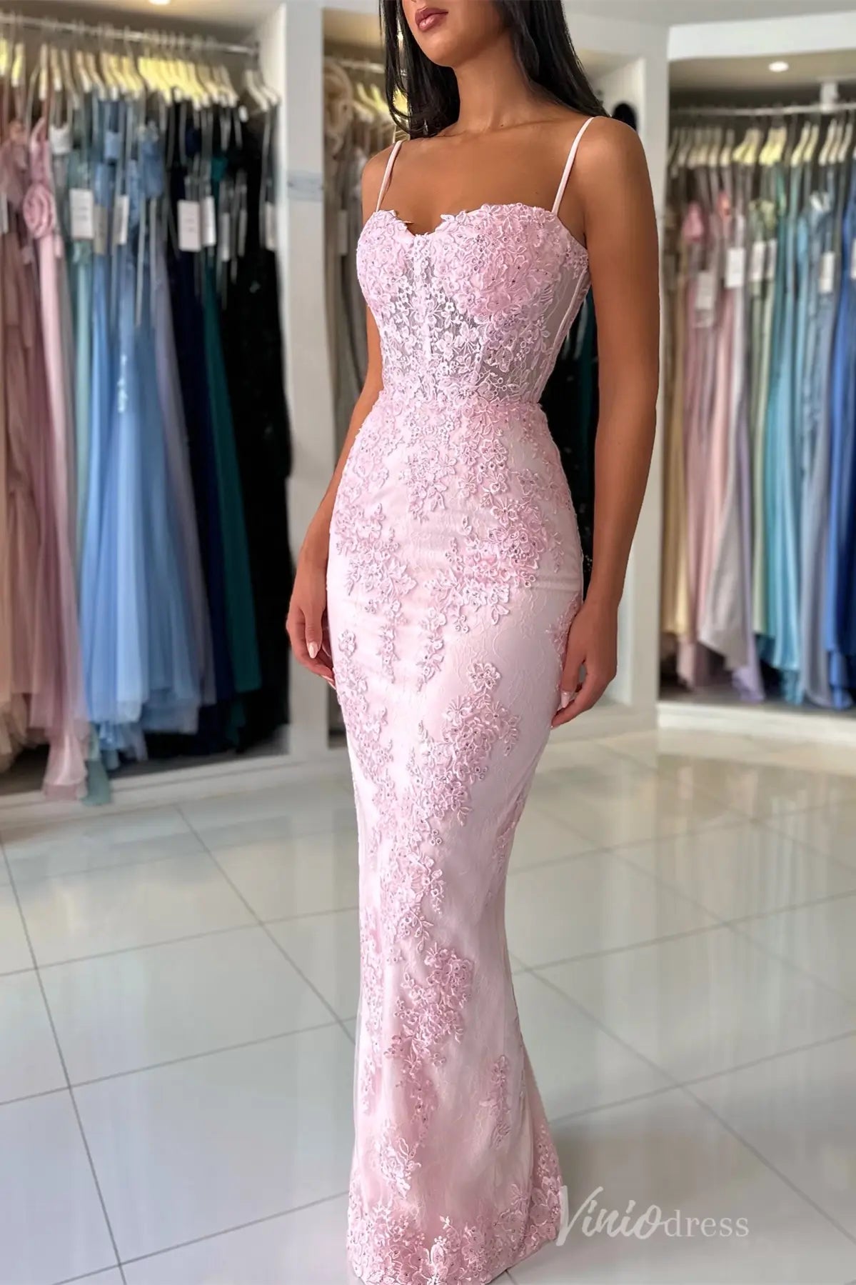 Pink Lace Mermaid Prom Dress with Spaghetti Strap, Sheer Corset Bodice – SS058-prom dresses 2025 -Viniodress-Pink-Custom Size-