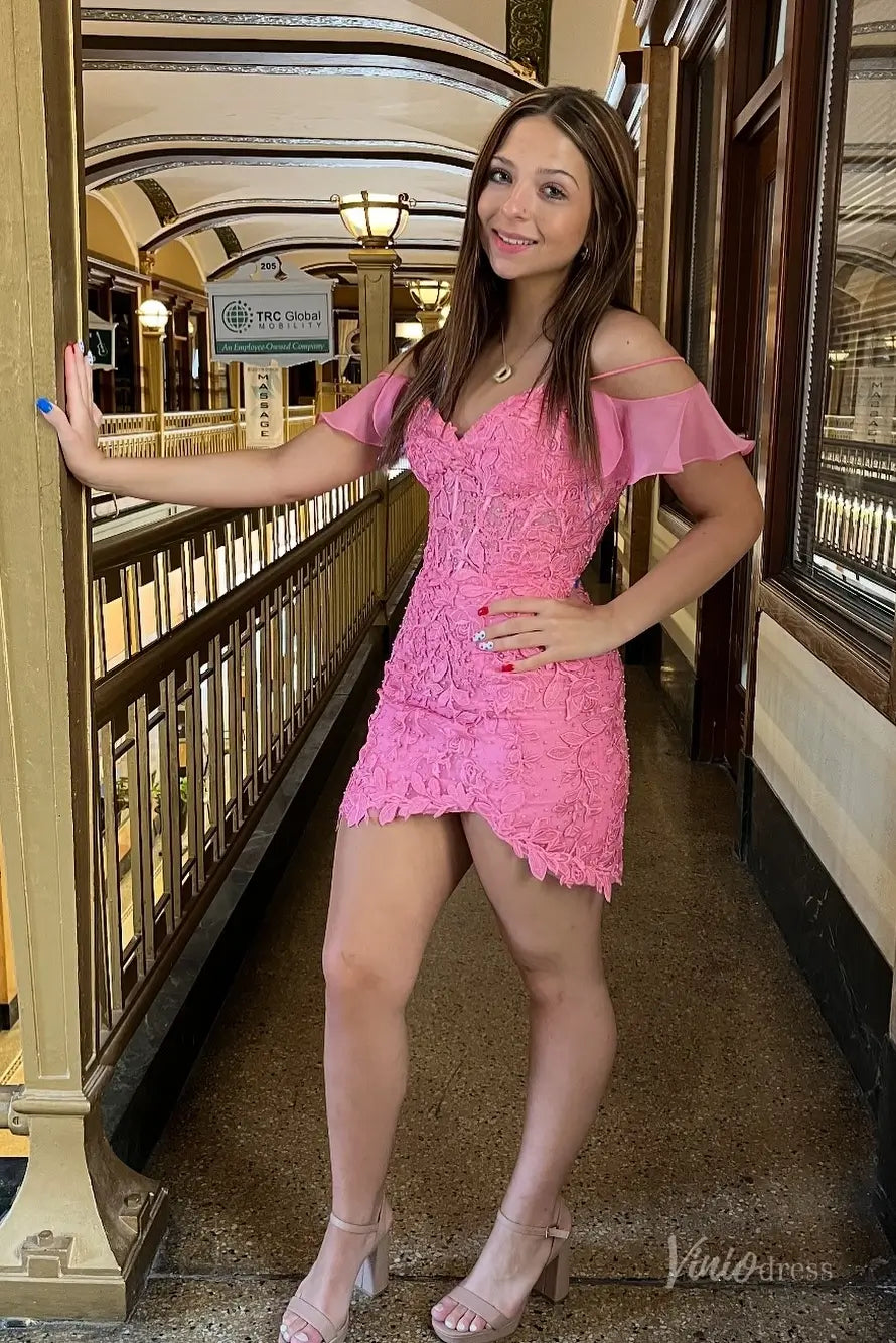 Pink Lace Off-Shoulder Homecoming Dress with Sheer Flutter Sleeves & Mini Skirt – H1151-Homecoming Dresses 2025 -Viniodress-Pink-Custom Size-