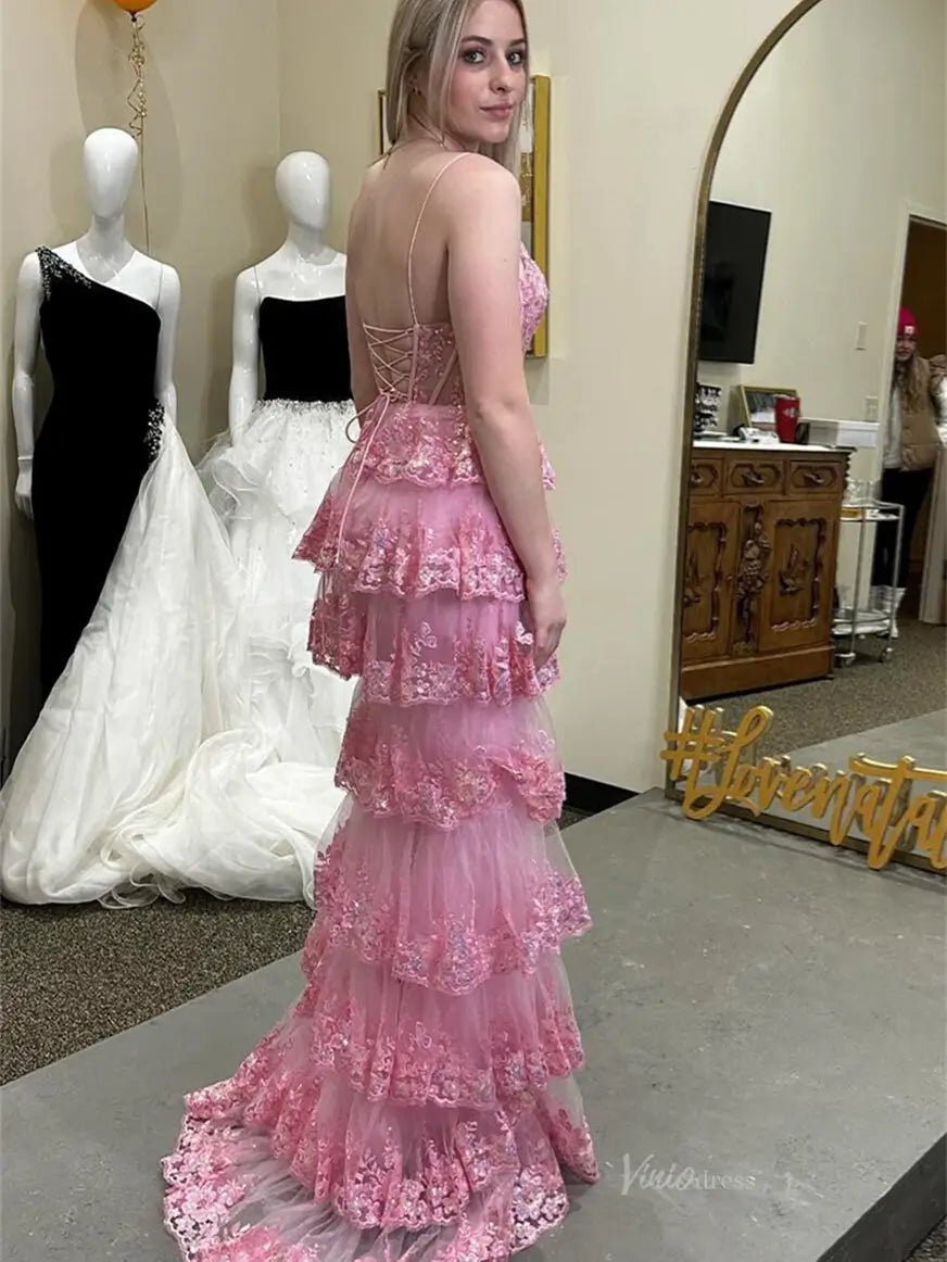 Pink Lace Tiered Prom Dresses with Slit Spaghetti Strap V-Neck Formal Dresses - FD3636a-prom dresses 2025 -Viniodress-Pink-Custom Size-