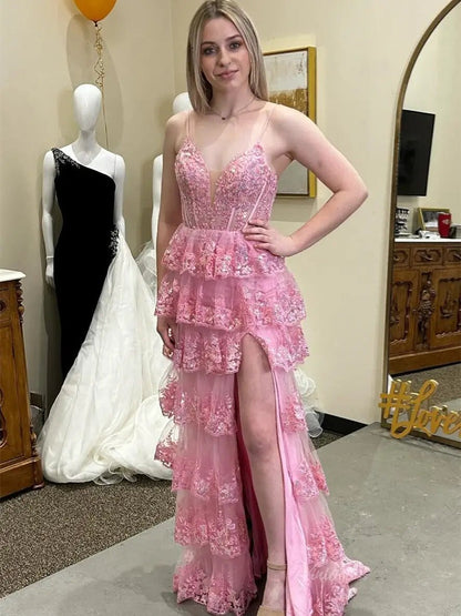Pink Lace Tiered Prom Dresses with Slit Spaghetti Strap V-Neck Formal Dresses - FD3636a-prom dresses 2025 -Viniodress-Pink-Custom Size-