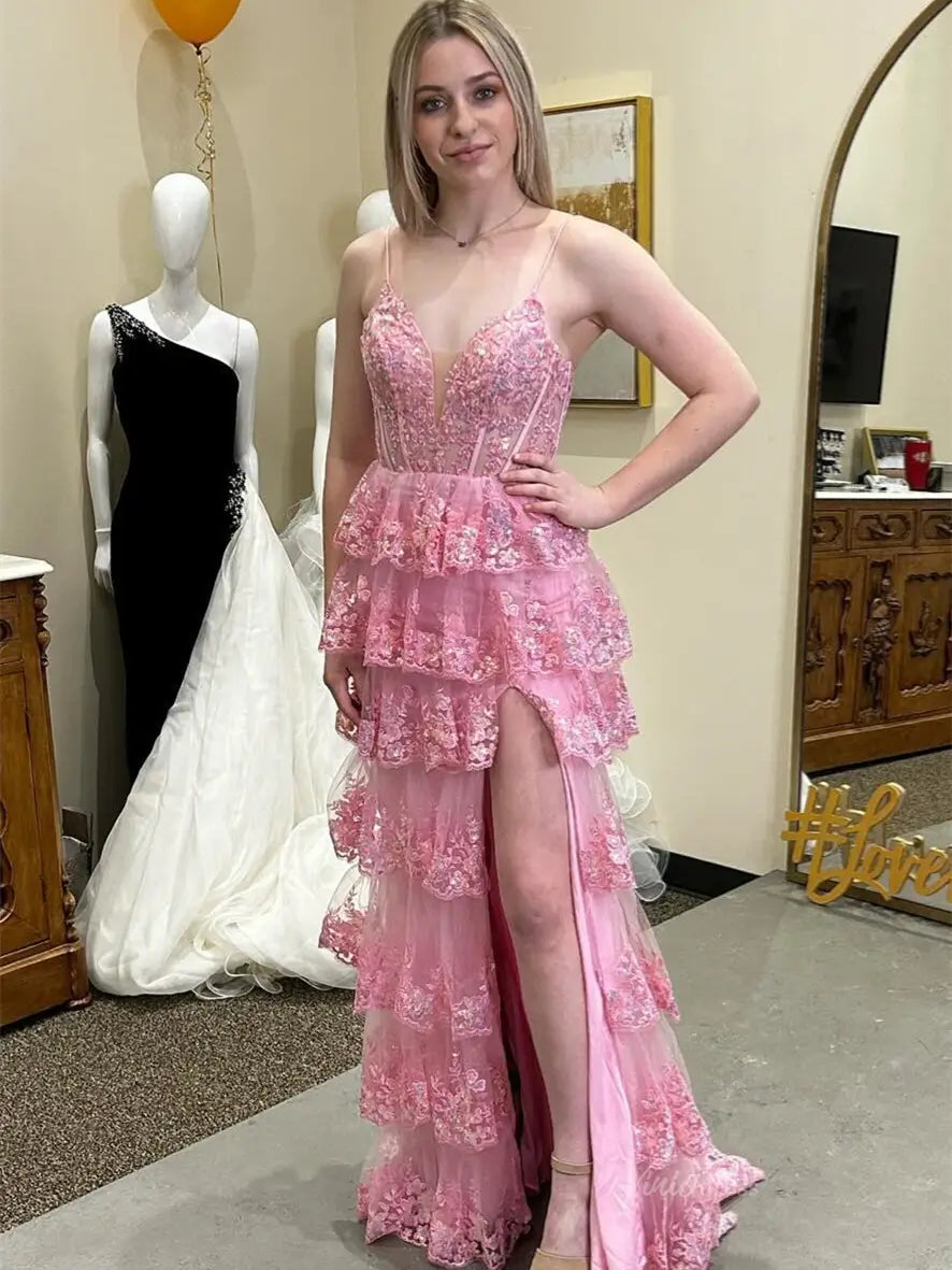 prom dresses 2025 Pink Lace Tiered Prom Dresses with Slit Spaghetti Strap V-Neck Formal Dresses - FD3636a-plus size wedding dresses Viniodress-Pink-Custom Size-