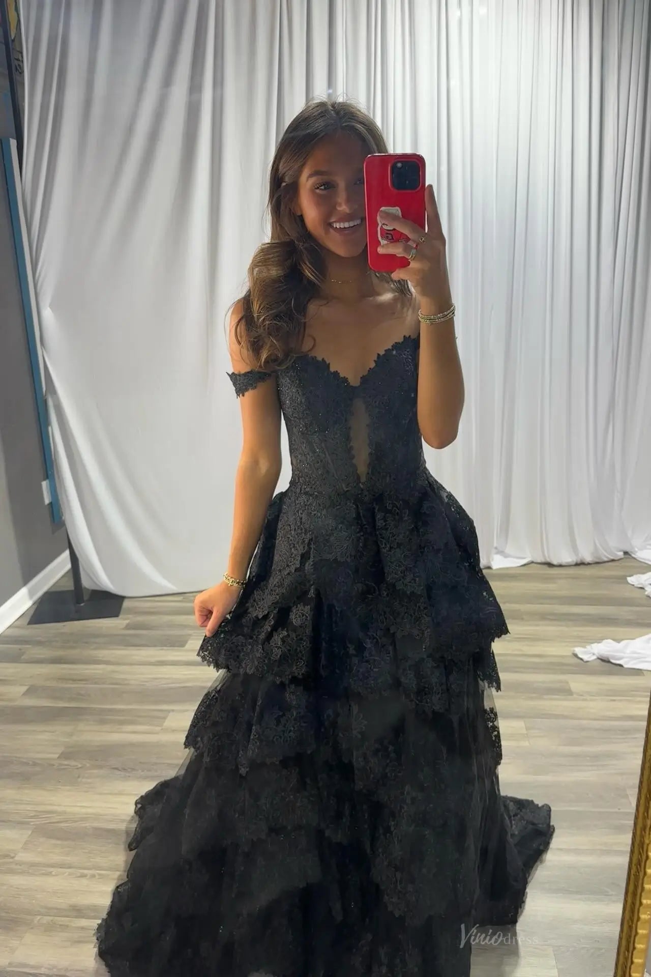 Pink Lace Tiered Ruffle Prom Dress with Sheer Corset Bodice & Sweetheart Neckline – RF095-prom dresses 2026-Viniodress-Pink-Custom Size-