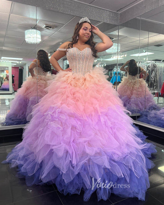 Pink Lavender Ruffle Prom Ball Gown Beaded Tiered Quinceanera Dresses FD3589 - ViniodressQuinceanera DressesPinkCustom Size - Formal Dresses - Ball Gowns