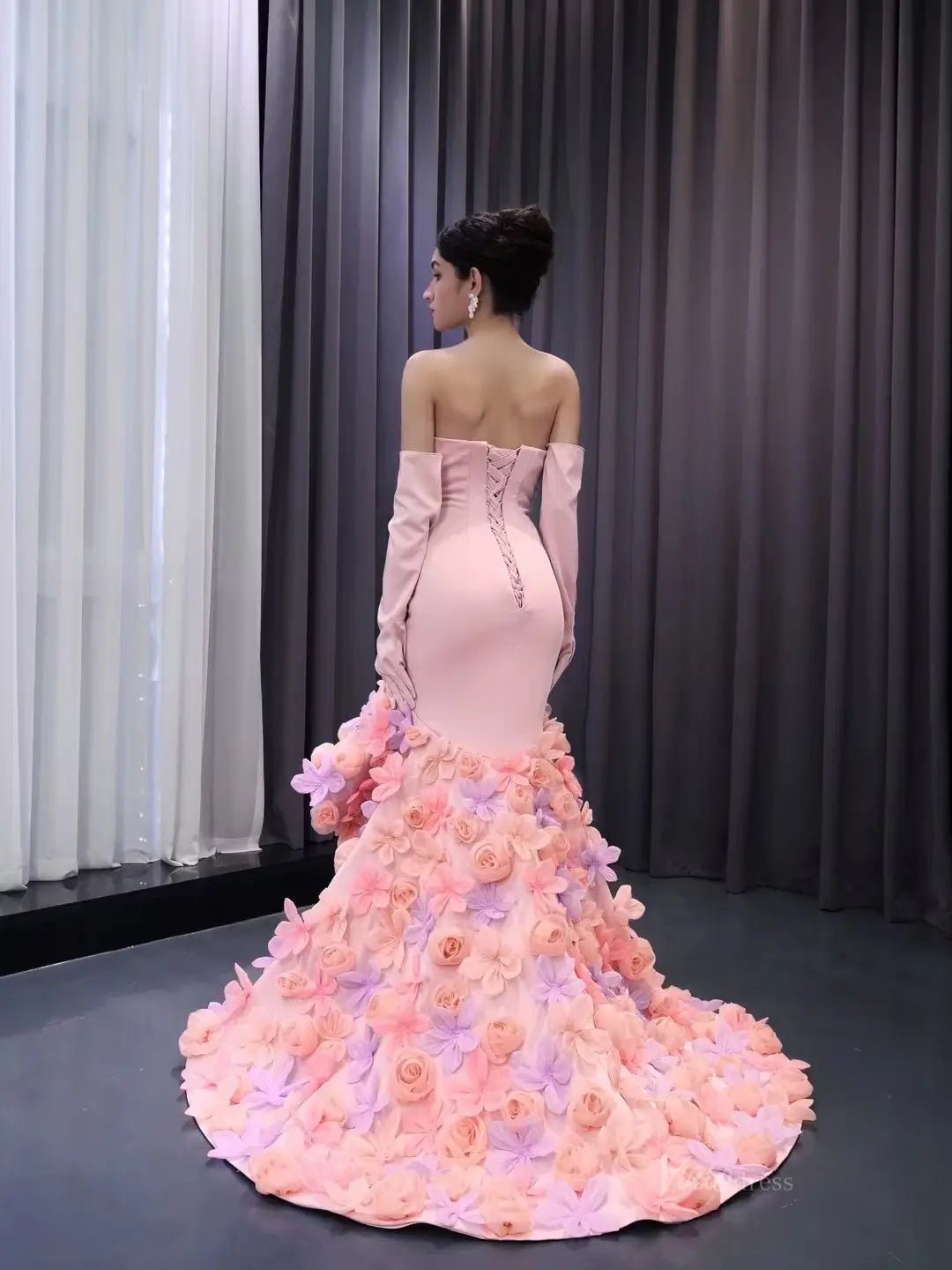 Pink Lilac Flower Mermaid Prom Dresses High Low,Removable Long Sleeves 241099-Prom Dresses 2025 -Viniodress-Pink-Custom Size-