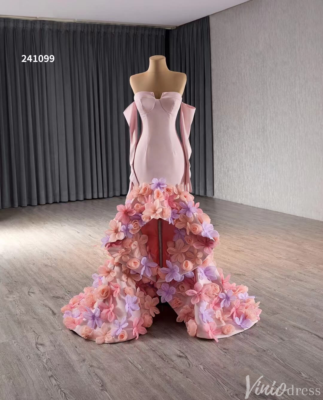 Pink Lilac Flower Mermaid Prom Dresses High Low,Removable Long Sleeves 241099-Prom Dresses 2025 -Viniodress-Pink-Custom Size-