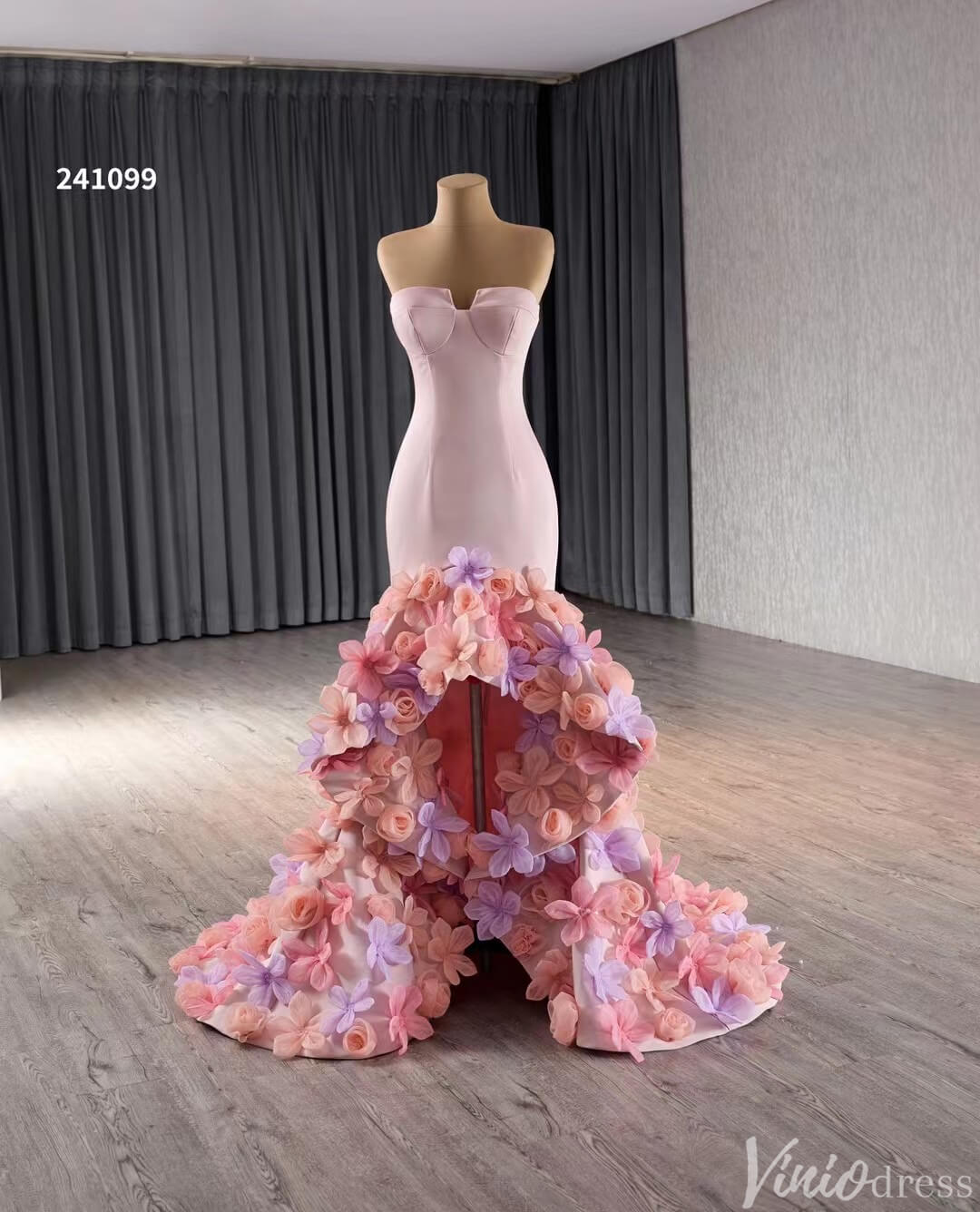 Pink Lilac Flower Mermaid Prom Dresses High Low,Removable Long Sleeves 241099-Prom Dresses 2025 -Viniodress-Pink-Custom Size-