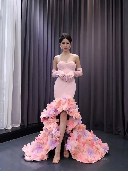 Pink Lilac Flower Mermaid Prom Dresses High Low,Removable Long Sleeves 241099-Prom Dresses 2025 -Viniodress-Pink-Custom Size-