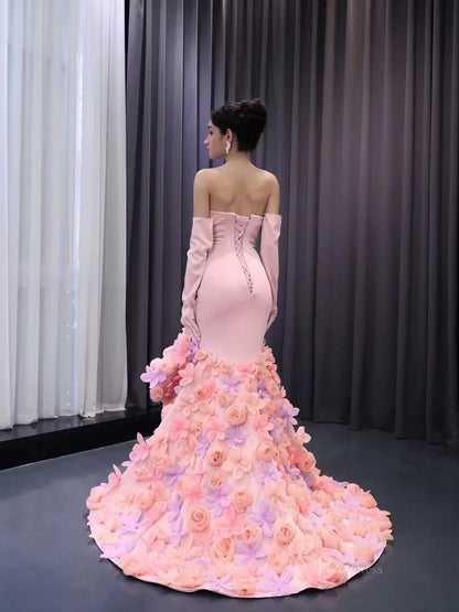Pink Lilac Flower Mermaid Prom Dresses High Low,Removable Long Sleeves 241099-Prom Dresses 2025 -Viniodress-Pink-Custom Size-