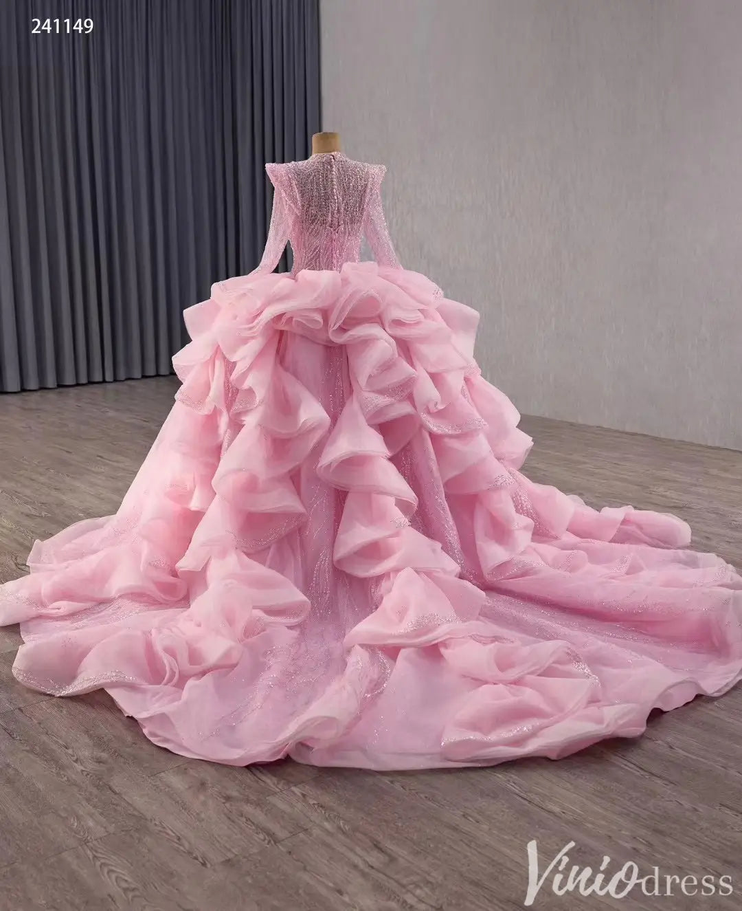 Pink Long Sleeve Glitter Quinceañera Ball Gown with Ruffle Skirt 241149-Quinceanera Dresses 2025 -Viniodress-Pink-Custom Size-