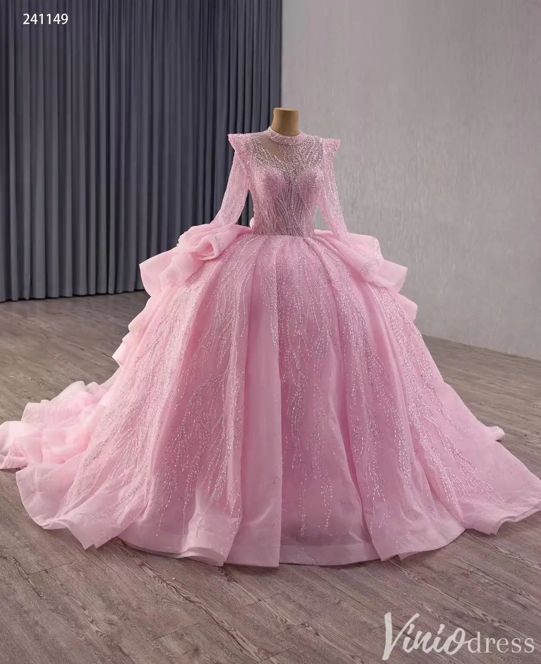 Pink Long Sleeve Glitter Quinceañera Ball Gown with Ruffle Skirt 241149-Quinceanera Dresses 2025 -Viniodress-Pink-Custom Size-