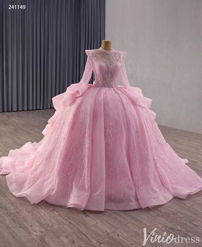 Pink Long Sleeve Glitter Quinceañera Ball Gown with Ruffle Skirt 241149-Quinceanera Dresses 2025 -Viniodress-Pink-Custom Size-
