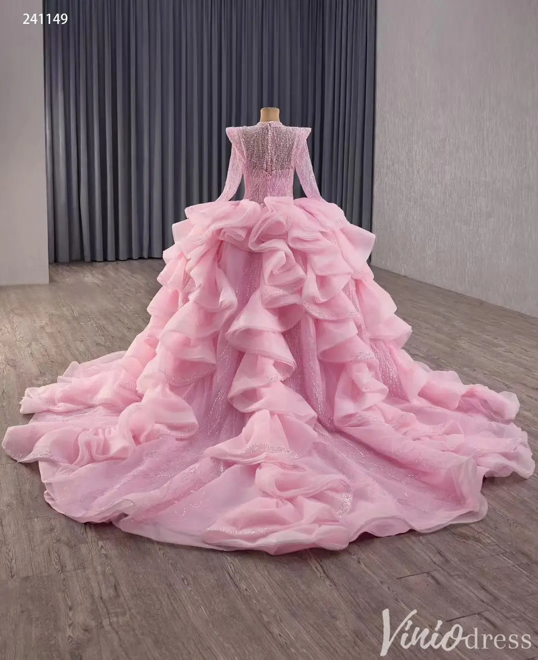 Pink Long Sleeve Glitter Quinceañera Ball Gown with Ruffle Skirt 241149-Quinceanera Dresses 2025 -Viniodress-Pink-Custom Size-