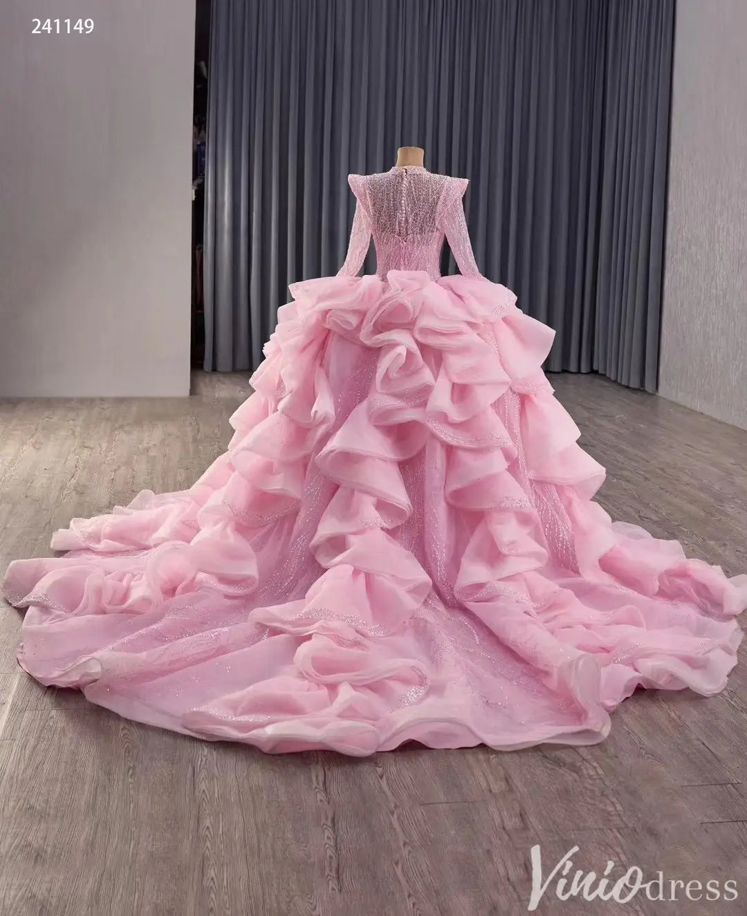 Pink Long Sleeve Glitter Quinceañera Ball Gown with Ruffle Skirt 241149-Quinceanera Dresses 2025 -Viniodress-Pink-Custom Size-