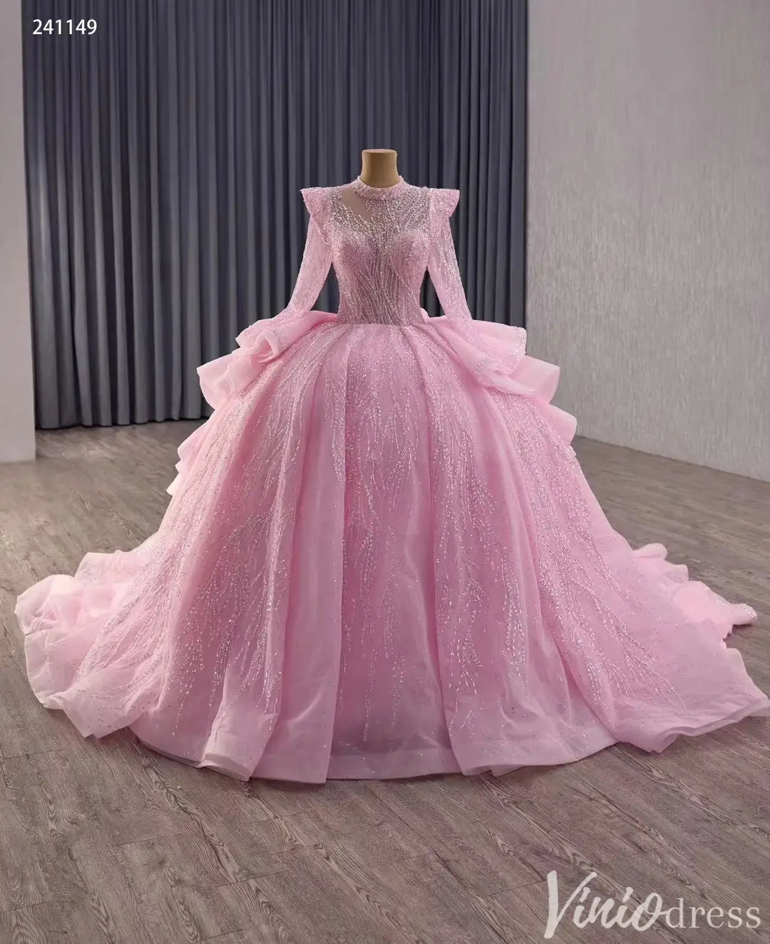Pink Long Sleeve Glitter Quinceañera Ball Gown with Ruffle Skirt 241149-Quinceanera Dresses 2025 -Viniodress-Pink-Custom Size-