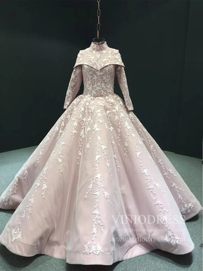 Pink Long Sleeve High Neck Prom Dresses Modest Muslim Formal Dress 66590 viniodress-prom dresses 2025 -Viniodress-As Picture-US 2-