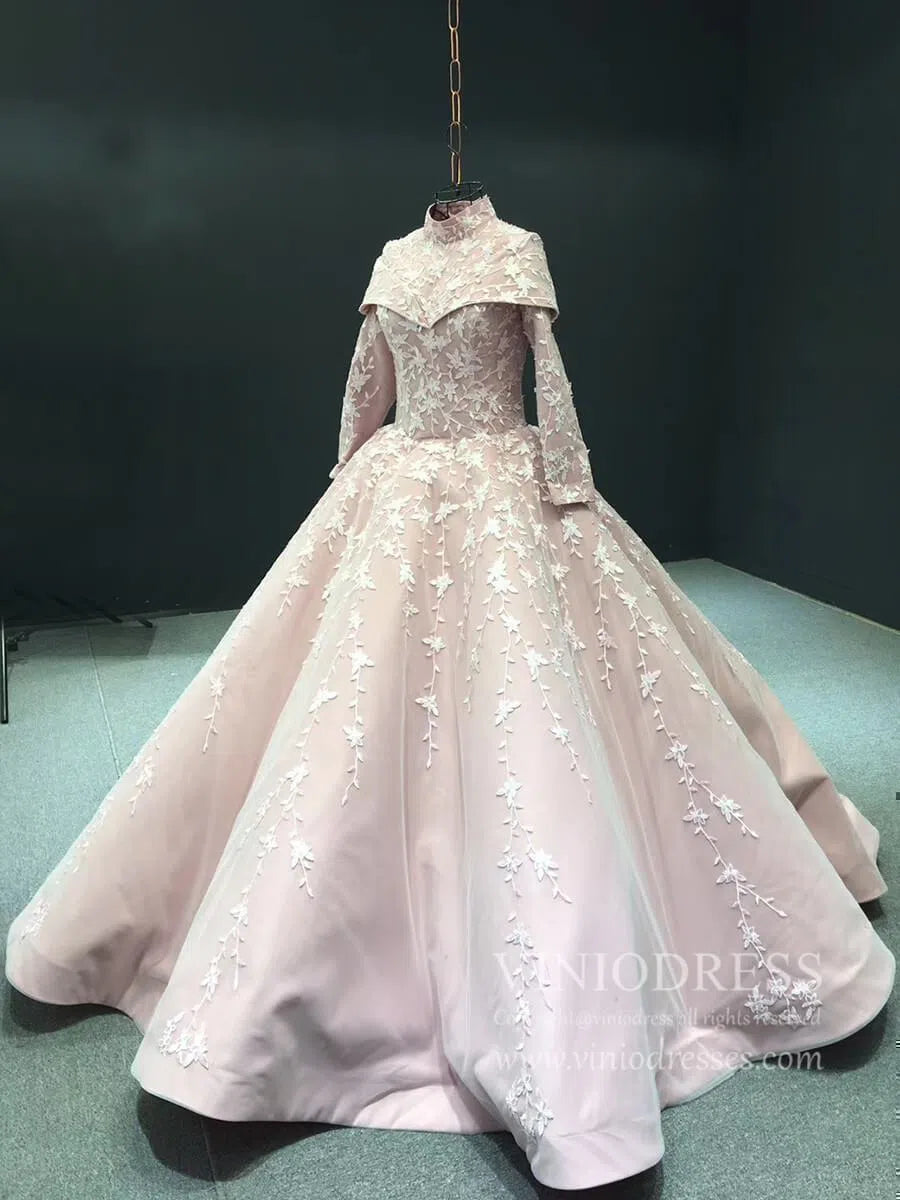 Pink Long Sleeve High Neck Prom Dresses Modest Muslim Formal Dress 66590 viniodress-prom dresses 2025 -Viniodress-As Picture-US 2-
