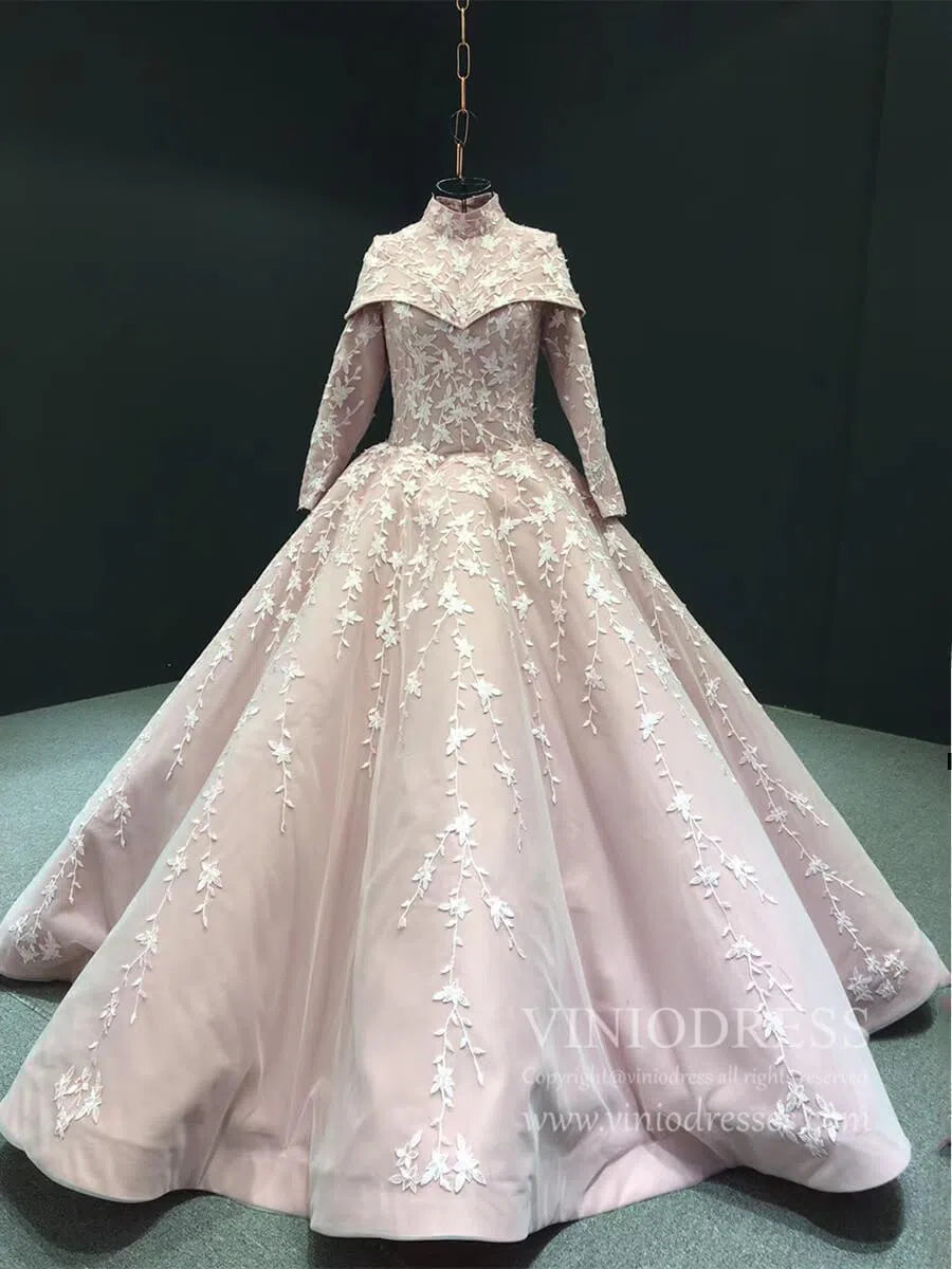 prom dresses 2025 Pink Long Sleeve High Neck Prom Dresses Modest Muslim Formal Dress 66590 viniodress-plus size wedding dresses Viniodress-As Picture-US 2-