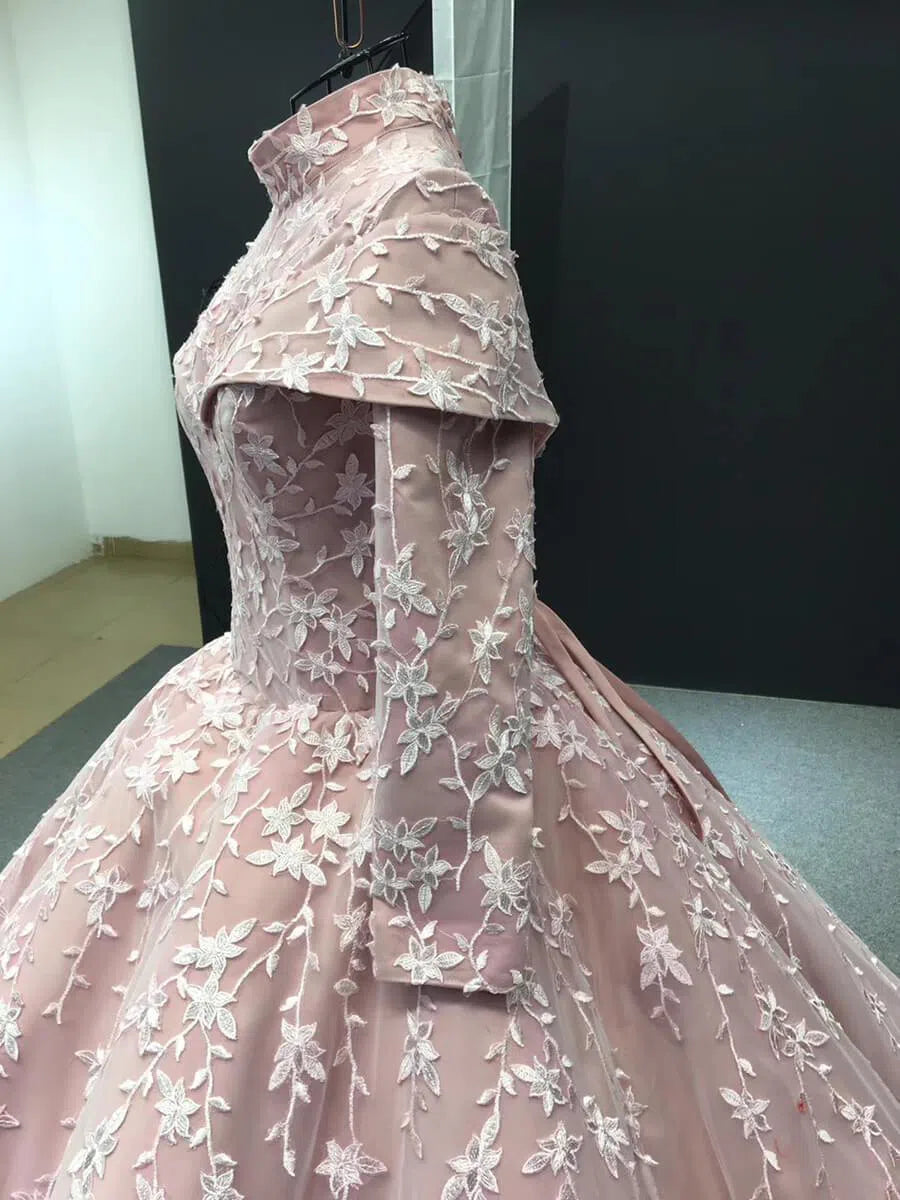 prom dresses 2025 Pink Long Sleeve High Neck Prom Dresses Modest Muslim Formal Dress 66590 viniodress-plus size wedding dresses Viniodress-As Picture-US 2-