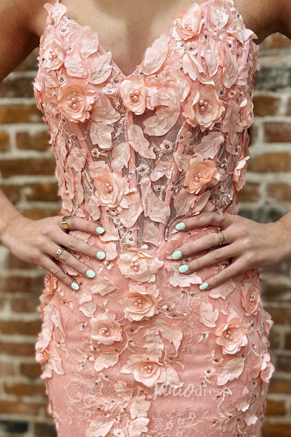 Pink Mermaid 3D Flower Lace Applique Prom Dress with Spaghetti Strap FD3474-prom dresses 2025 -Viniodress-Pink-Custom Size-