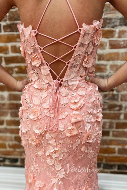Pink Mermaid 3D Flower Lace Applique Prom Dress with Spaghetti Strap FD3474-prom dresses 2025 -Viniodress-Pink-Custom Size-