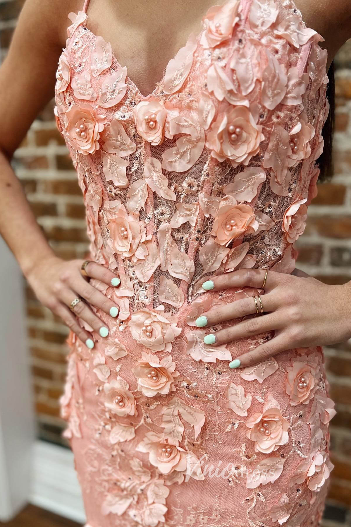 Pink Mermaid 3D Flower Lace Applique Prom Dress with Spaghetti Strap FD3474-prom dresses 2025 -Viniodress-Pink-Custom Size-