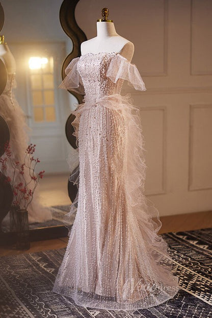 Pink Mermaid Beaded Prom Dresses Off the Shoulder Evening Dress AD1109-prom dresses 2025 -Viniodress-Pink-Custom Size-
