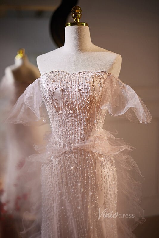 Pink Mermaid Beaded Prom Dresses Off the Shoulder Evening Dress AD1109-prom dresses 2025 -Viniodress-Pink-Custom Size-