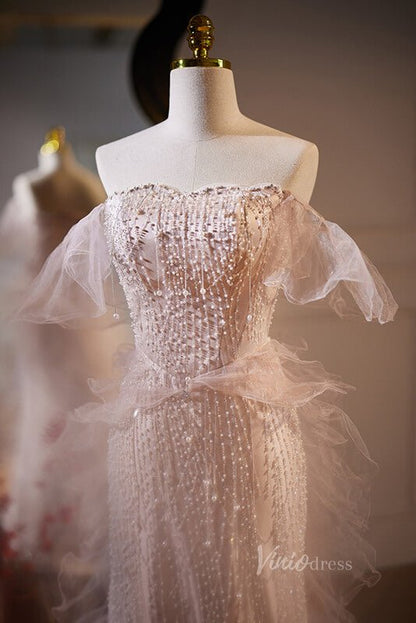 Pink Mermaid Beaded Prom Dresses Off the Shoulder Evening Dress AD1109-prom dresses 2025 -Viniodress-Pink-Custom Size-