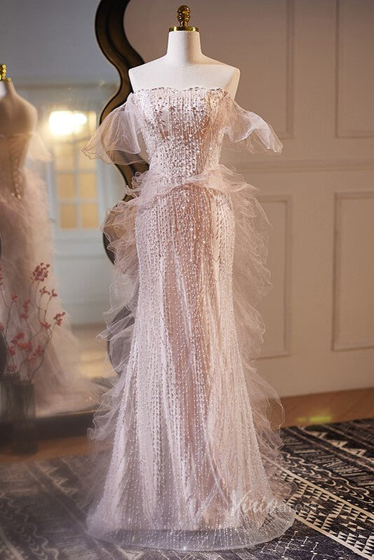 Pink Mermaid Beaded Prom Dresses Off the Shoulder Evening Dress AD1109-prom dresses 2025 -Viniodress-Pink-Custom Size-