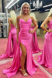 Pink Mermaid Satin Prom Dresses with Slit Pleated Sweetheart Neck Overskirt FD4077