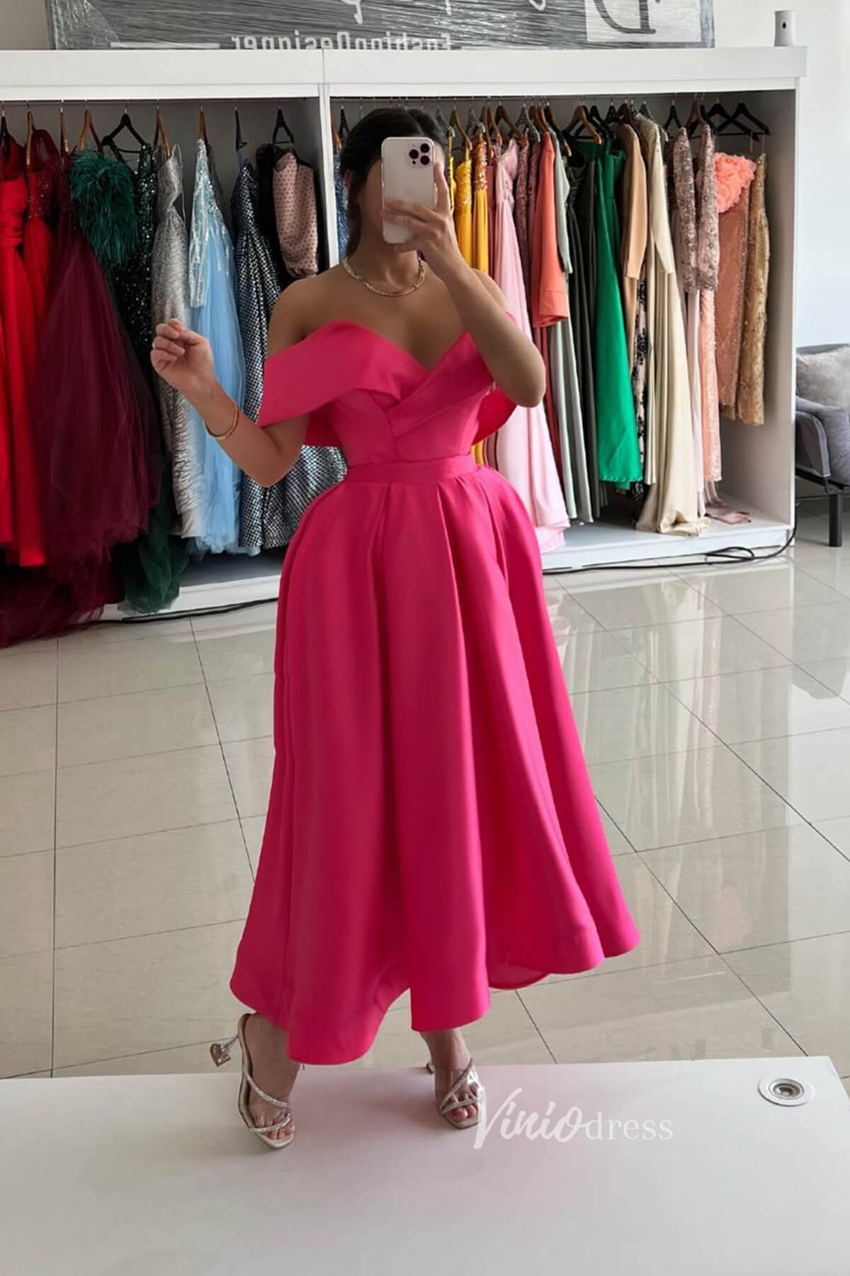 Pink Midi Length Formal Dress Off the Shoulder Prom Dresses FD2992-prom dresses 2025 -Viniodress-Pink-Custom Size-