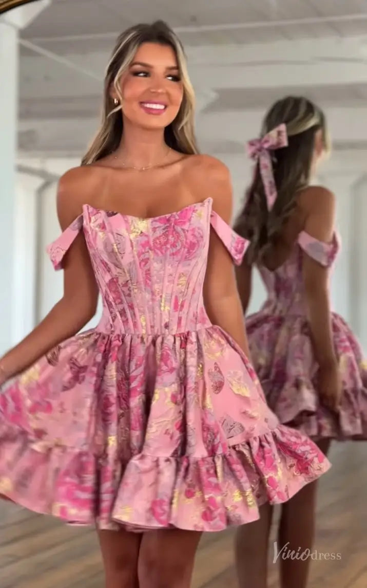 Pink Off-Shoulder Brocade Homecoming Dress with Corset Bodice & Ruffle Hem – H1201-prom dresses 2025 -Viniodress-Pink-Custom Size-
