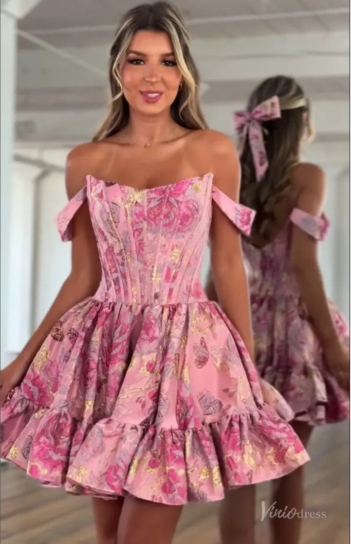Pink Off-Shoulder Brocade Homecoming Dress with Corset Bodice & Ruffle Hem – H1201-prom dresses 2025 -Viniodress-Pink-Custom Size-