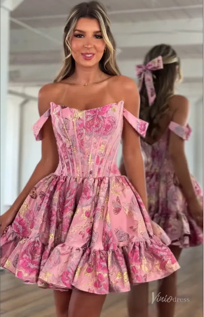 Pink Off-Shoulder Brocade Homecoming Dress with Corset Bodice & Ruffle Hem – H1201-prom dresses 2025 -Viniodress-Pink-Custom Size-