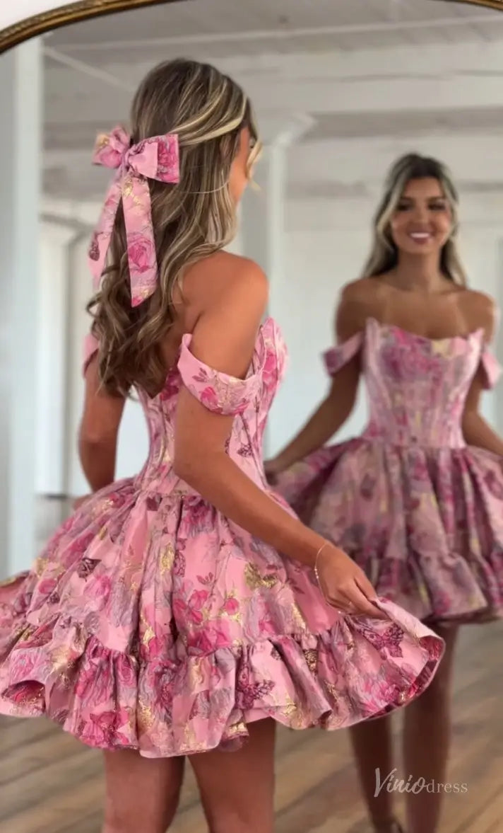 Pink Off-Shoulder Brocade Homecoming Dress with Corset Bodice & Ruffle Hem – H1201-prom dresses 2025 -Viniodress-Pink-Custom Size-