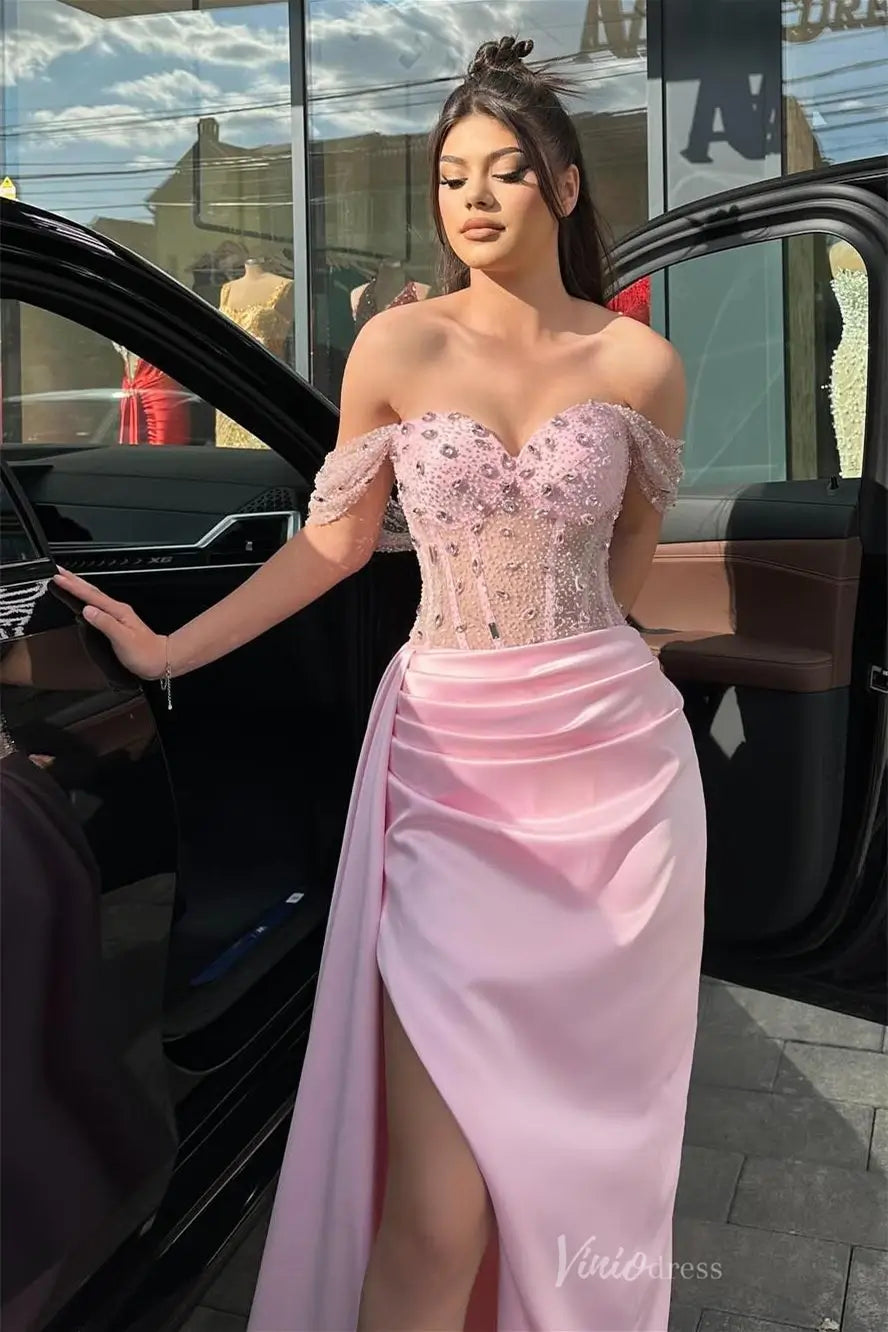Pink Off-Shoulder Prom Dress with Beaded Sheer Corset Bodice, Satin Skirt, and High Slit – SS020-prom dresses 2025 -Viniodress-Pink-Custom Size-
