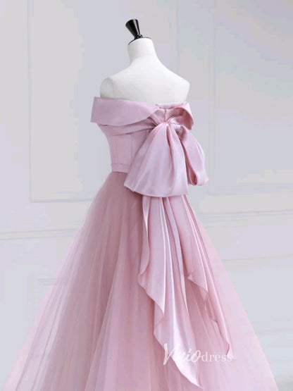 Pink Off the Shoulder Prom Dresses Bow-Tie Formal Dress AD1037-prom dresses 2025 -Viniodress-Pink-Custom Size-