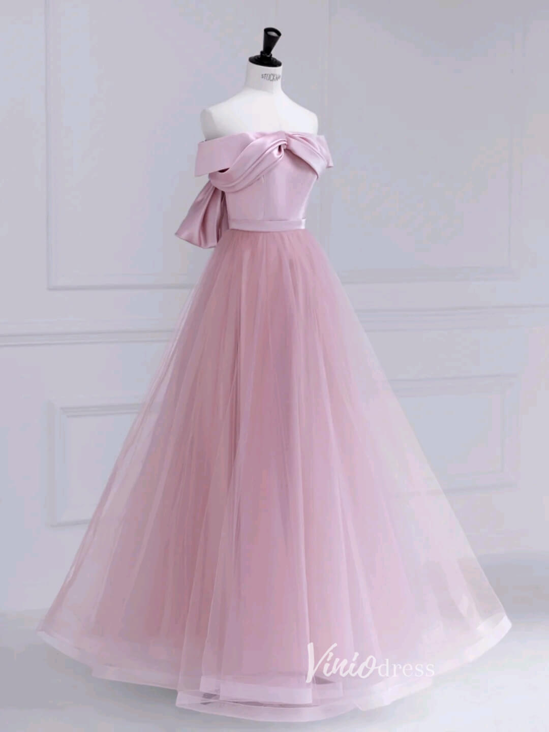 Pink Off the Shoulder Prom Dresses Bow-Tie Formal Dress AD1037-prom dresses-Viniodress-Pink-Custom Size-Viniodress