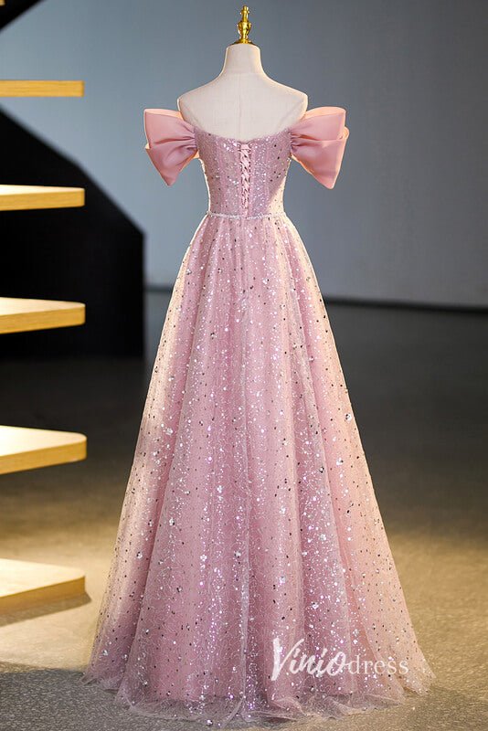 Pink Off the Shoulder Prom Dresses Bow-Tie Formal Dress AD1044-prom dresses 2025 -Viniodress-Pink-Custom Size-