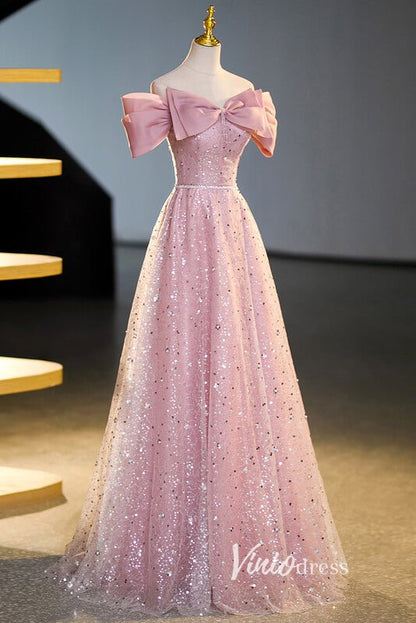 Pink Off the Shoulder Prom Dresses Bow-Tie Formal Dress AD1044-prom dresses 2025 -Viniodress-Pink-Custom Size-