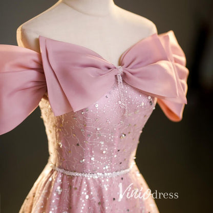 Pink Off the Shoulder Prom Dresses Bow-Tie Formal Dress AD1044-prom dresses 2025 -Viniodress-Pink-Custom Size-
