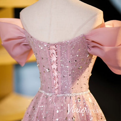Pink Off the Shoulder Prom Dresses Bow-Tie Formal Dress AD1044-prom dresses 2025 -Viniodress-Pink-Custom Size-