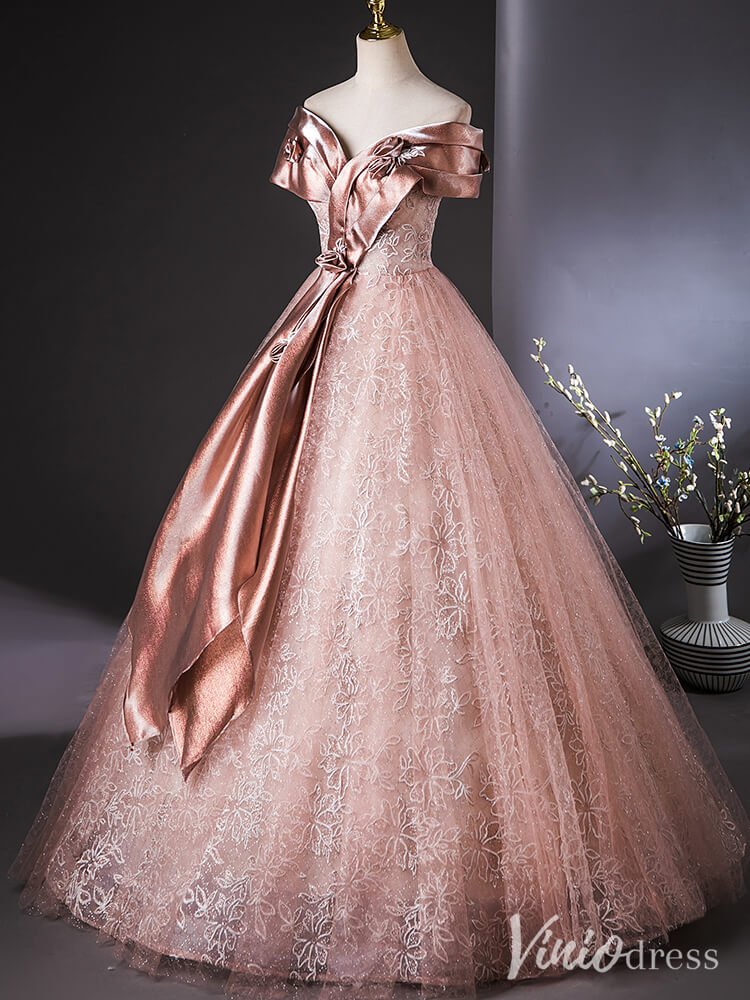 Pink Off the Shoulder Quinceanera Dresses Sparkly Lace Ball Gown AD1382 - Viniodressprom dressesPinkCustom Size - Formal Dresses - Ball Gowns